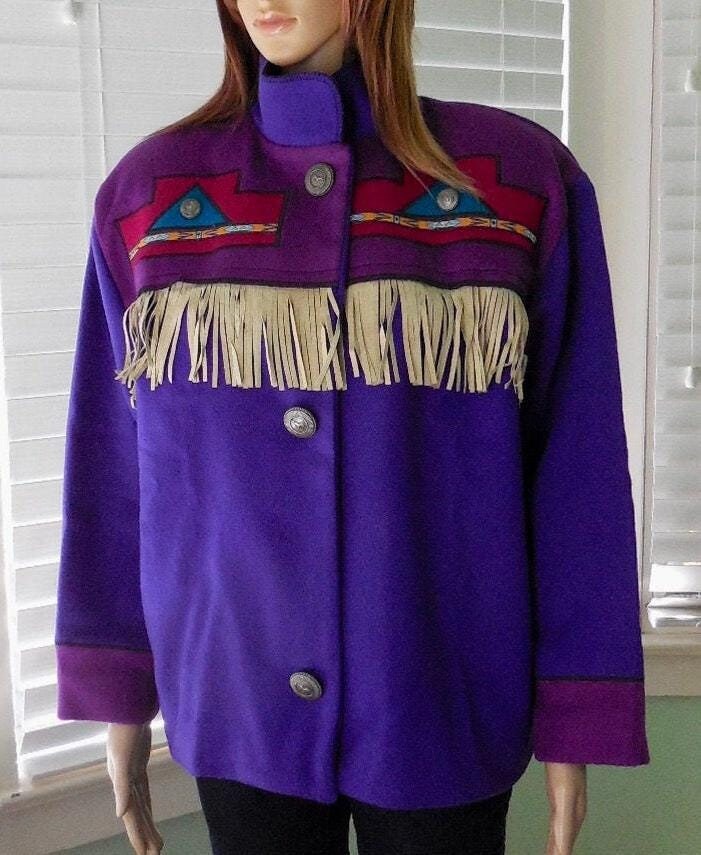 Vintage Wolle Fransen Jacke Mary Lou Ozbolt 80Er Jahre Patchwork Wolle Western Cowgirl Leder Fringe Silberne Pferdeknöpfe Größe M von SeadawlVintage