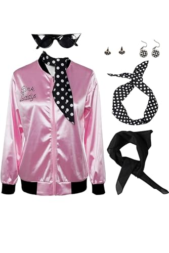 Seaehey 50s Pink Ladies Satin Jacket with Neck Scarfs 60s 70s Satin Bomber Jacket Vintage College Baseball Jacke Zipper Coat Hip Pop Motorcycle Pink Satin Silk Coat von Seaehey