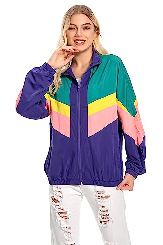 Seaehey 80er Jahre Jacke Trainingsjacke Damen Retro Trainingsanzug Tracksuit Sportswear Bunt Mantel Hip-Hop Disco 80er 90er Jahre Outfit Karneval Mottoparty von Seaehey