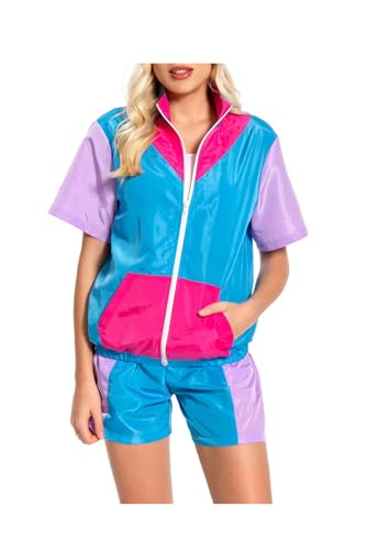 Seaehey 80er Jahre Sportanzug Damen Retro Trainingsanzug Kurzarm Jacke und Shorts Set Tracksuit Sportswear Bunt Hip-Hop Disco 80er 90er Jahre Outfit von Seaehey