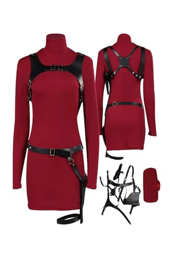 Seaehey Ada Wong Cosplay Kostüm Ada Wong Strickkleid Rot Minikleid Rollkragen Langarm Tunika Kleid Midikleid Halloween Karneval Anzug von Seaehey