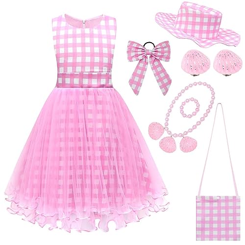 Seaehey Bar-bi Cosplay Kostüm Pink Kleid für Mädchen Rosa Ärmellos Kariertes A-Linie Kleid mit Sonnenhut Tasche und Zubehör Süße Prinzessin Mädchenkleid von Seaehey