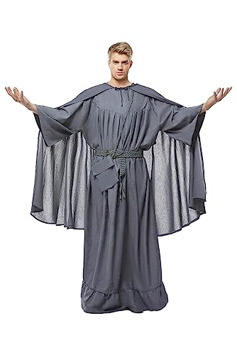 Seaehey Gandalf Cosplay Kostüm Weiß Umhang mit Kapuze Zauberer Robe Lang Tunika Oberteile und Gürtel Set Gandalf Weiß Kostüm Mittelalter Mönch Umhang für Halloween von Seaehey