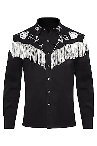 Seaehey Herren Fransenshirt Schwarzes Hemd mit Quasten Langarm bedrucktes Hemd Seidenschal Set Herren Halloween Karneval Outfits von Seaehey