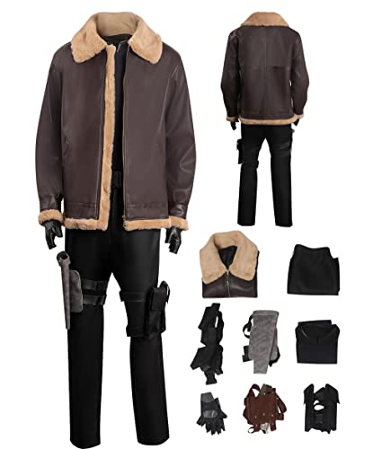 Seaehey Leon Scott Kennedy Jacke Mantel Oberteil Hosenzubehör komplettes Set Resident Cospaly Evil Leon Kostüm Herren Lederjacke mit Fell Bomberjacke Bikerjacke von Seaehey