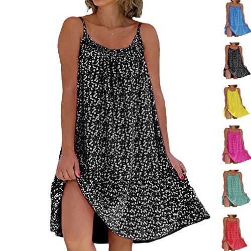 Seafly Bedrucktes Camisole-Kleid Damen Sommerkleid Ärmellos Freizeit Kleid Spaghettiträger Minikleider Strandkleider (Black,3XL) von Seafly