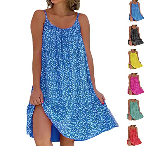 Seafly Bedrucktes Camisole-Kleid Damen Sommerkleid Ärmellos Freizeit Kleid Spaghettiträger Minikleider Strandkleider (Blue,2XL) von Seafly