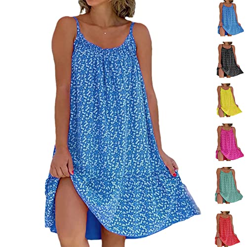 Seafly Bedrucktes Camisole-Kleid Damen Sommerkleid Ärmellos Freizeit Kleid Spaghettiträger Minikleider Strandkleider (Blue,L) von Seafly