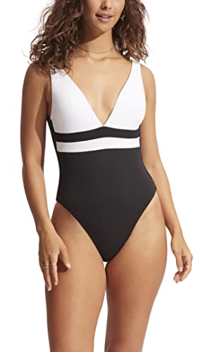 Seafolly Damen Einteiler mit V-Ausschnitt und hohem Beinausschnitt Badeanzug, Splice of Splice White, 40 von Seafolly