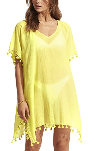 Seafolly Damen Kaftan Kleid mit Quastenbesatz Überwurf für Schwimmbekleidung, Beach Edit Celery, Einheitsgröße von Seafolly