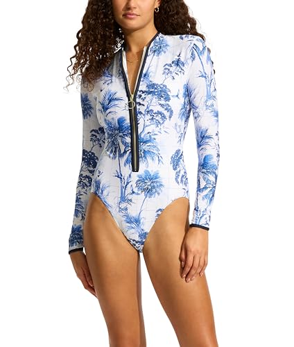 Seafolly Damen Long Sleeve One Piece Surfsuit with Zip Front Swimsuit Badeanzug, Marbella White, 42 von Seafolly