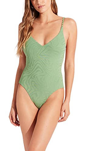 Seafolly Damen Standard V Ausschnitt Einteiler mit hoher Beinlinie Badeanzug, Second Wave Palm Green, 40 von Seafolly