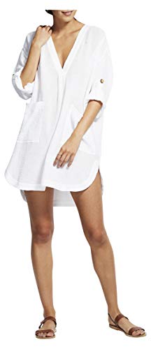 Seafolly Damen V Neck Cover Up Dress with Roll Sleeves Bademodeüberzug, Aloha White, X-Small von Seafolly