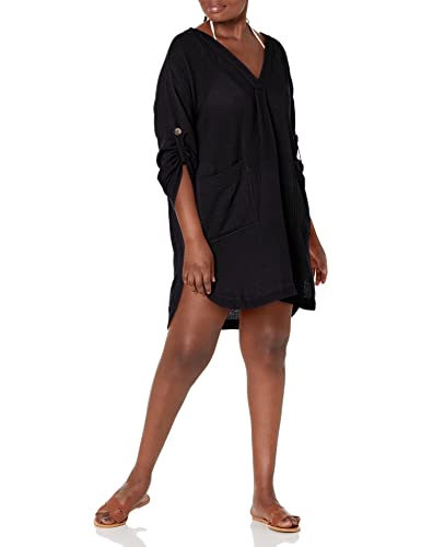 Seafolly Damen V Neck Cover Up Dress with Roll Sleeves Bademodeüberzug, Beach Edit Schwarz, Medium von Seafolly