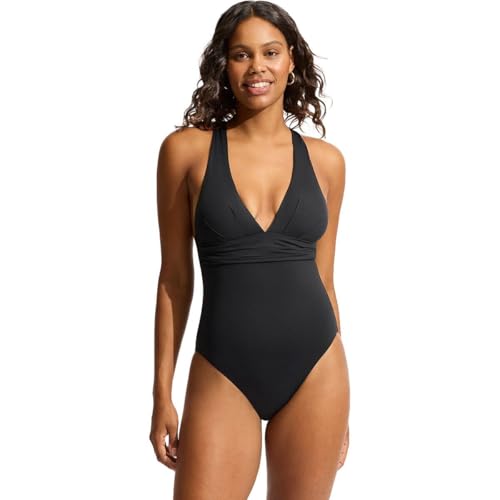 Seafolly Damen Women's Collective Cross Back One Piece Badeanzug Schwarz/Beige/Braun 16 von Seafolly