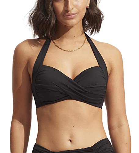 Seafolly Women's Standard Twist Front Soft Cup Halter Bikini Top Swimsuit, Eco Collective Black, 10 von Seafolly