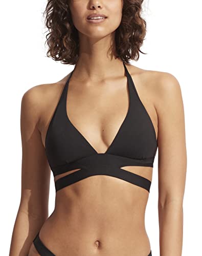 Seafolly Women's Standard Active Split Band Halter Bikini Top Swimsuit, Eco Collective Black, 10 von Seafolly