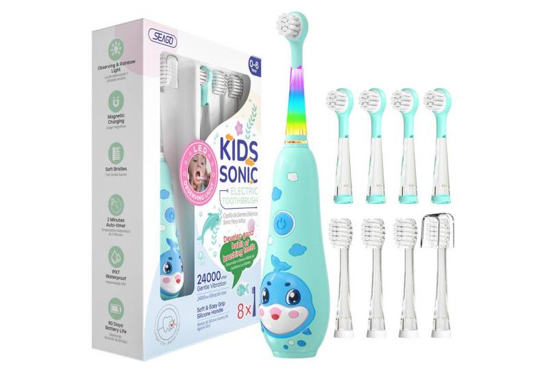Seago Elektrische Zahnbürste Kinder 0-6 Jahre mit LED, Smart Timer, IPX7 Baby Schallzahnbürste, Aufsteckbürsten: 8 St., wiederaufladbare Baby Zahnbürste mit 8 weiche Ersatzbürstenköpfen, Memory-Funktion, 90%abgerundeten Borsten, Batterie hält bis zu 60 Tage von Seago