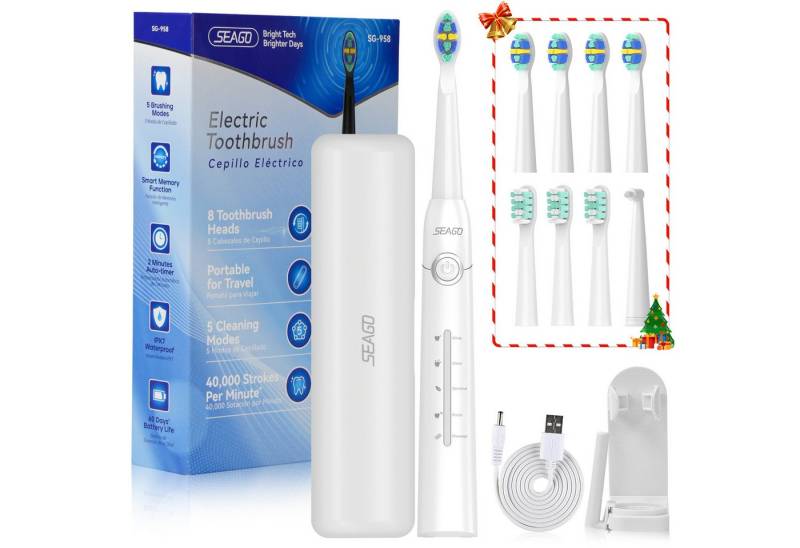 Seago Elektrische Zahnbürste Schallzahnbürste mit 40000VPM, Weißen Ihre Zähne in zwei Wochen, Aufsteckbürsten: 8 St., 5 Putzmodi, Reise Electric Toothbrush mit Timer, Reiseetui, Wiederaufladbare, Wasserdicht, für Zahnpflege Erwachsene von Seago