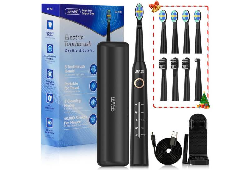 Seago Elektrische Zahnbürste Schallzahnbürste mit 40000VPM, Weißen Ihre Zähne in zwei Wochen, Aufsteckbürsten: 8 St., 5 Putzmodi, Reise Electric Toothbrush mit Timer, Reiseetui, Wiederaufladbare, Wasserdicht, für Zahnpflege Erwachsene von Seago