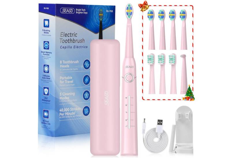 Seago Elektrische Zahnbürste Schallzahnbürste mit 40000VPM, Weißen Ihre Zähne in zwei Wochen, Aufsteckbürsten: 8 St., 5 Putzmodi, Reise Electric Toothbrush mit Timer, Reiseetui, Wiederaufladbare, Wasserdicht, für Zahnpflege Erwachsene von Seago