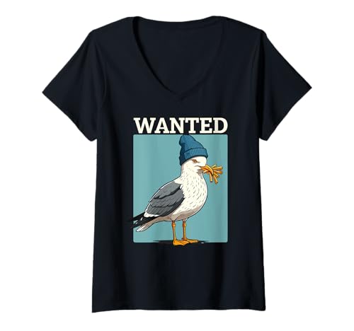 Damen Wanted Möwe mit Pommes Frites Beanie Möwe T-Shirt mit V-Ausschnitt von Seagull Humor French Fries Lover