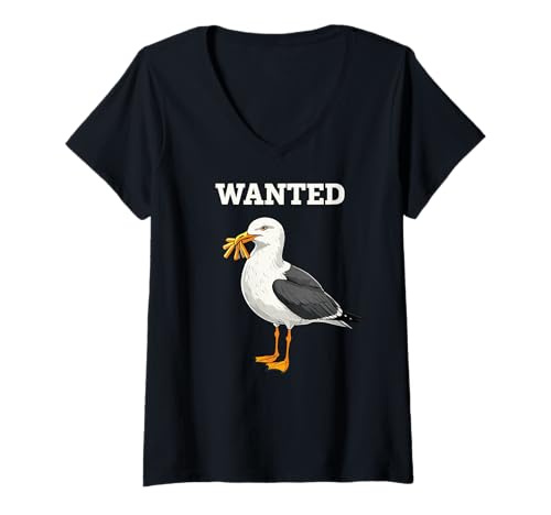 Damen Wanted Möwe mit Pommes Frites Beanie Humor T-Shirt mit V-Ausschnitt von Seagull Humorous Illustration Ocean Lovers