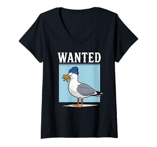 Damen Wanted Möwe mit Pommes Frites Beanie Humor T-Shirt mit V-Ausschnitt von Seagull Humorous Illustration Ocean Lovers