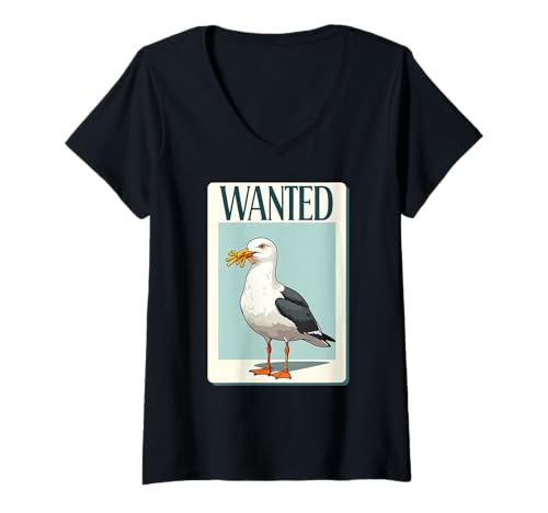 Damen Wanted Möwe mit Pommes Frites Beanie Humor T-Shirt mit V-Ausschnitt von Seagull Humorous Illustration Ocean Lovers