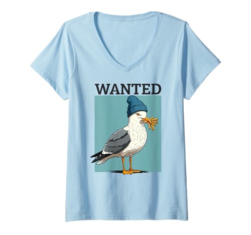 Damen Wanted Möwe mit Pommes Frites Beanie Humor T-Shirt mit V-Ausschnitt von Seagull Humorous Illustration Ocean Lovers