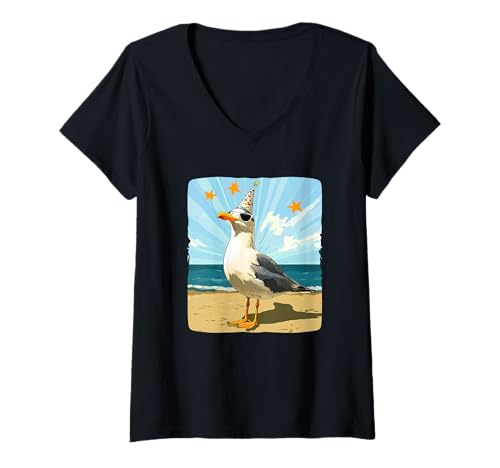 Damen Hübsche Möwe mit Partyhut für Party Möwen T-Shirt mit V-Ausschnitt Damen Hübsche Möwe mit Partyhut für Party Möwen T-Shirt mit V-Ausschnitt von Seagull Party