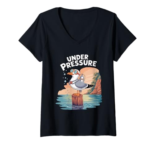 Damen Möwe Scuba Ocean Coastal Humor T-Shirt mit V-Ausschnitt von Seagull Scuba Ocean Pun Coastal Humor Meme