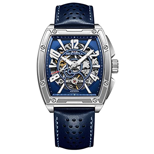 SEA-GULL 2022 Seagull Armbanduhr Herren Mode Blau Zifferblatt Design Voll Hohl Automatische Mechanische Uhr Street Fighter Street Series 6138, Blaues Armband, silberfarbene Lünette, Armband von Seagull