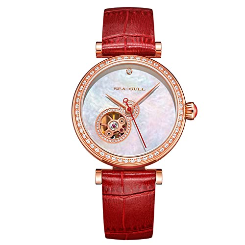 SEA-GULL 2022 Neue Möwe Uhr Mode Skelett Damen Strass Automatische Mechanische Uhr Selbstaufzug Armbanduhren für Frauen, Rot mit Diamanten, Armband von Seagull