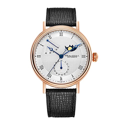 SEA-GULL 2021 Neue Seagull Herren Automatische Mechanische Armbanduhr Business Casual Mondphase Uhr Weltraum Erkundung Geschenkbox Set 819.11.6092, gold, Riemen von Seagull