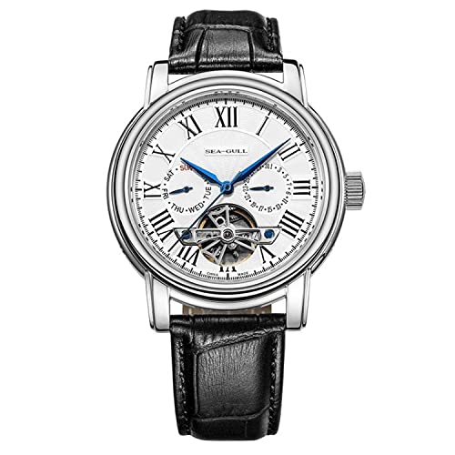 SEA-GULL 2021 Möwe Herrenuhr Hohl Automatische Mechanische Uhr Kalender Potenzial Multifunktions Schwungrad Business Uhren, Weiß, d819.624, Gurt von Seagull