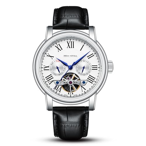 SEA-GULL 2021 Seagull Herrenuhr Hohl Automatische Mechanische Uhr Kalender Potenzial Multifunktions Schwungrad Business Uhren, Weiß-D819.624, Armband von Seagull