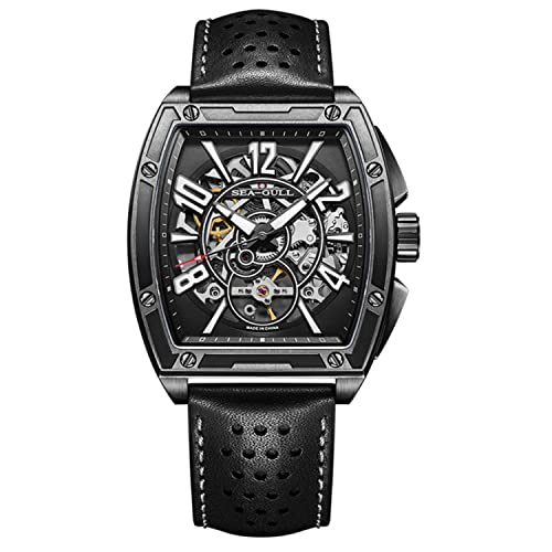 SEA-GULL 2022 Seagull Armbanduhr Herren Mode Blau Zifferblatt Design Voll Hohl Automatische Mechanische Uhr Street Fighter Street Series 6138, Schwarzes Armband, schwarze Lünette, Armband von Seagull