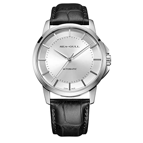 Seagull Herren Automatik Mechanische Uhr Offizielles Echtes Einfaches Geschäft Herren Gürtel Wasserdicht Uhr mit Saphir-Kristallglas, Weiß/Schwarz von Seagull