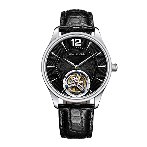 Seagull Herrenuhr Tourbillon Mechanische Armbanduhr Business Casual Krokodil Leder Saphir Luxus Mechanische Armbanduhr, Schwarz von Seagull