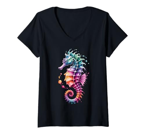 Damen Seepferdchen-Poster-Stil, Bunte Farbspritzer, Kunstgrafik T-Shirt mit V-Ausschnitt Damen Seepferdchen-Poster-Stil, Bunte Farbspritzer, Kunstgrafik T-Shirt mit V-Ausschnitt von Seahorse Lover Apparel & Arts