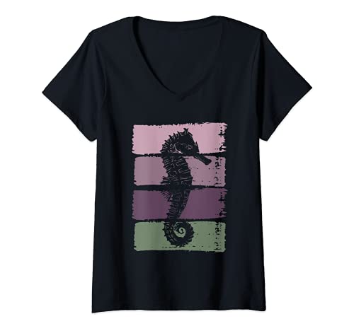 Damen Seepferdchen Retro Meerestier Meerestiere Seepferdchen T-Shirt mit V-Ausschnitt Damen Seepferdchen Retro Meerestier Meerestiere Seepferdchen T-Shirt mit V-Ausschnitt von Seahorse Ocean Fish Animal Lover
