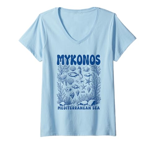 Damen Mykonos Griechenland Mittelmeer Retro Ocean Sealife T-Shirt mit V-Ausschnitt Damen Mykonos Griechenland Mittelmeer Retro Ocean Sealife T-Shirt mit V-Ausschnitt von Sealife Mykonos Ocean Designs