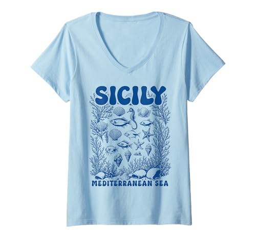 Damen Sizilien Italien Mittelmeer Retro Ocean Sealife Muschel T-Shirt mit V-Ausschnitt Damen Sizilien Italien Mittelmeer Retro Ocean Sealife Muschel T-Shirt mit V-Ausschnitt von Sealife Sicily Ocean Designs