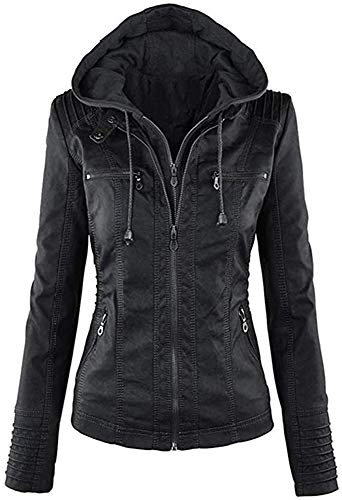 Seamido Lederjacke Damen Herbst Winter Motorrad Jacke Bomberjacke Bikerjacke mit Reißverschluss Kapuzen Übergangsjacke, Schwarz, XL von Seamido