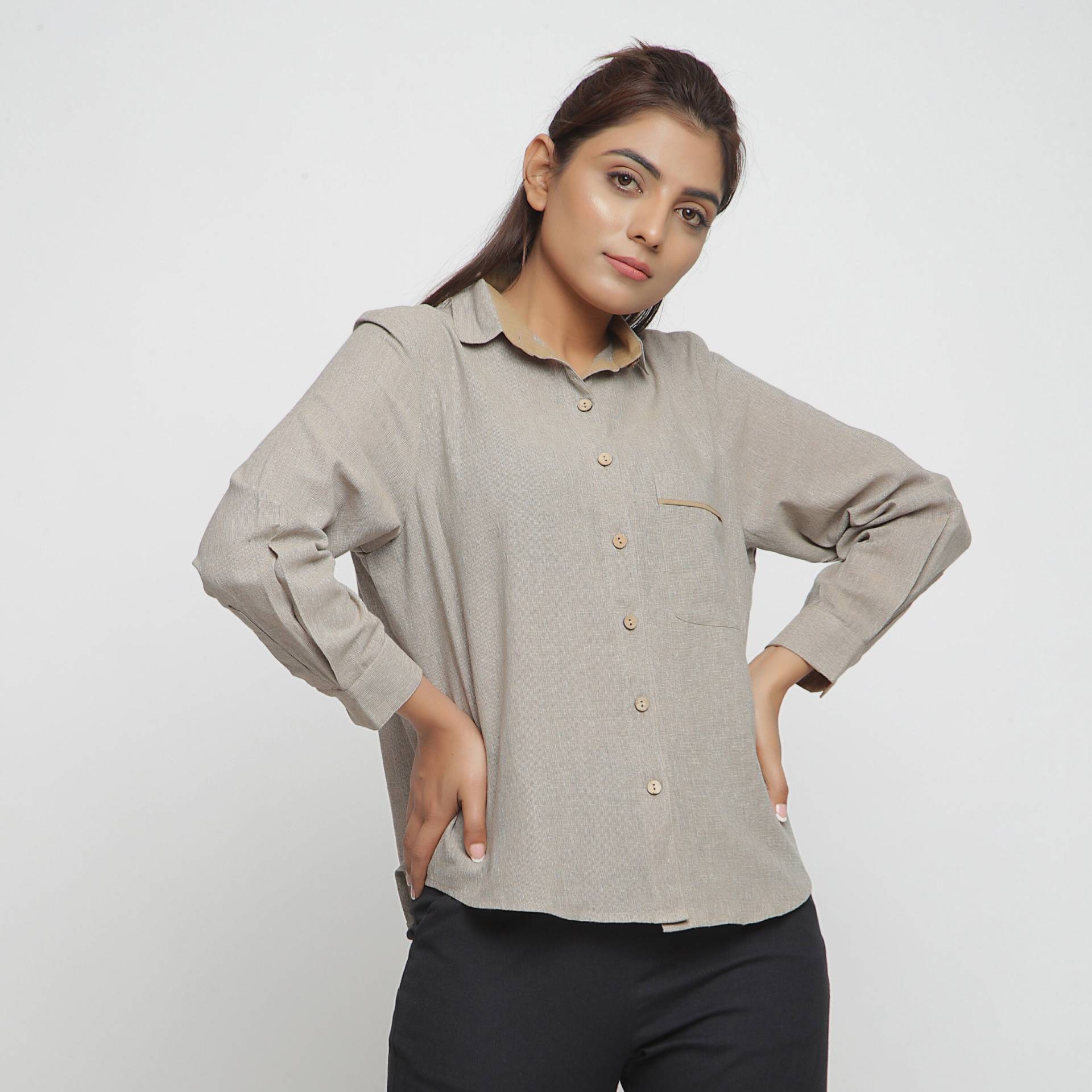 Beige 100% Baumwolle Shirt Top, Anpassbares Top Für Frauen, Button-Down Vollarm Etsw von SeamsFriendlyIndia