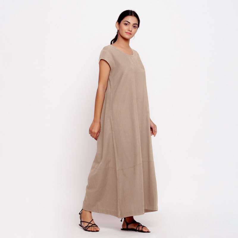 Beige Baumwolle Flachs A-Line Maxi-Kleid, Anpassbares Kleid, Entspannte Passform U-Ausschnitt Kleid Mit Taschen, Plus Größe, Zierlich, Groß Etsw von SeamsFriendlyIndia