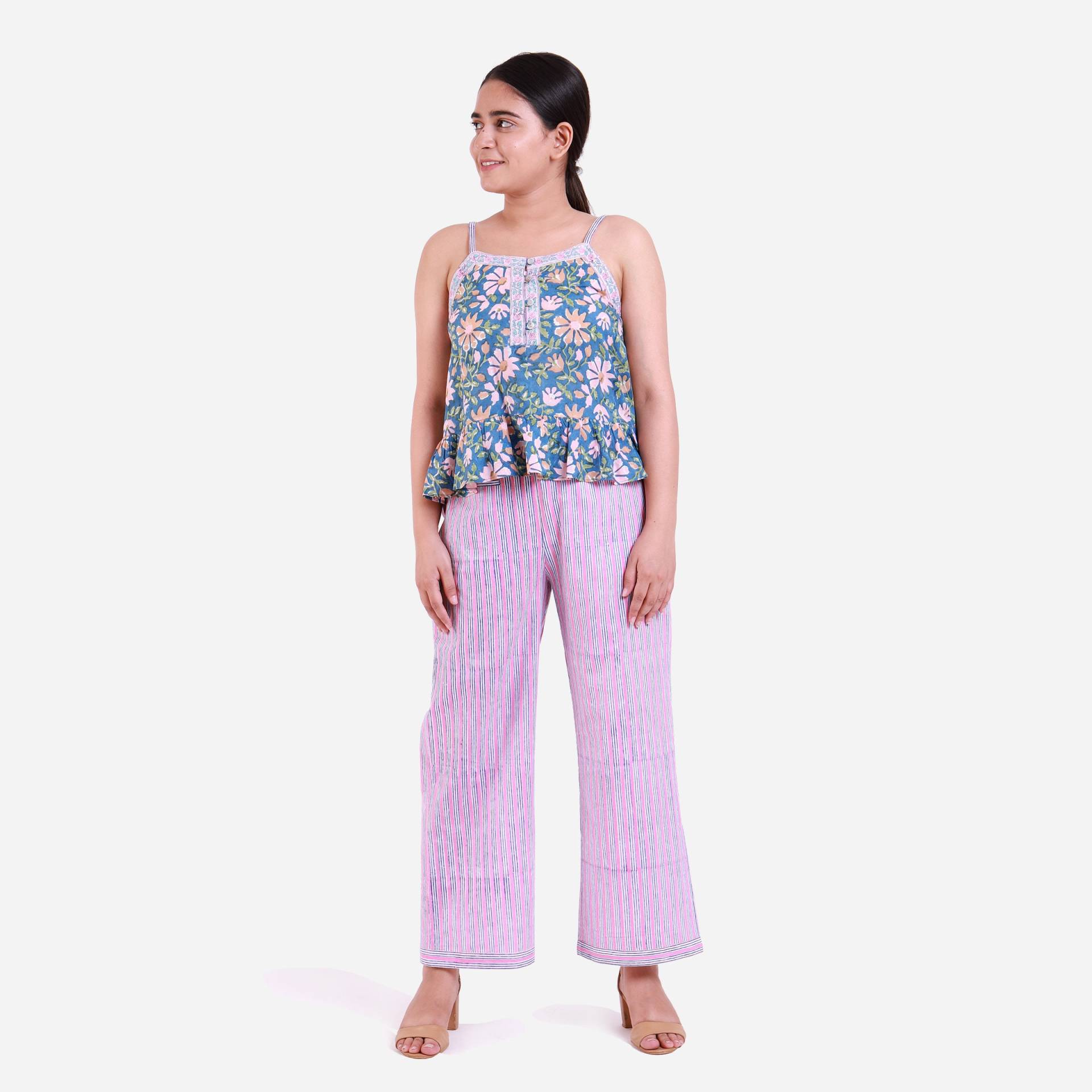 Blaues Blockmuster-Baumwollhemdchen Und Gestreifte Hose, Oberteil Loungewear-Set, Anpassbares Set Blaues Blockmuster-Baumwollhemdchen Und Gestreifte Hose, Oberteil Loungewear-Set, Anpassbares Set von SeamsFriendlyIndia