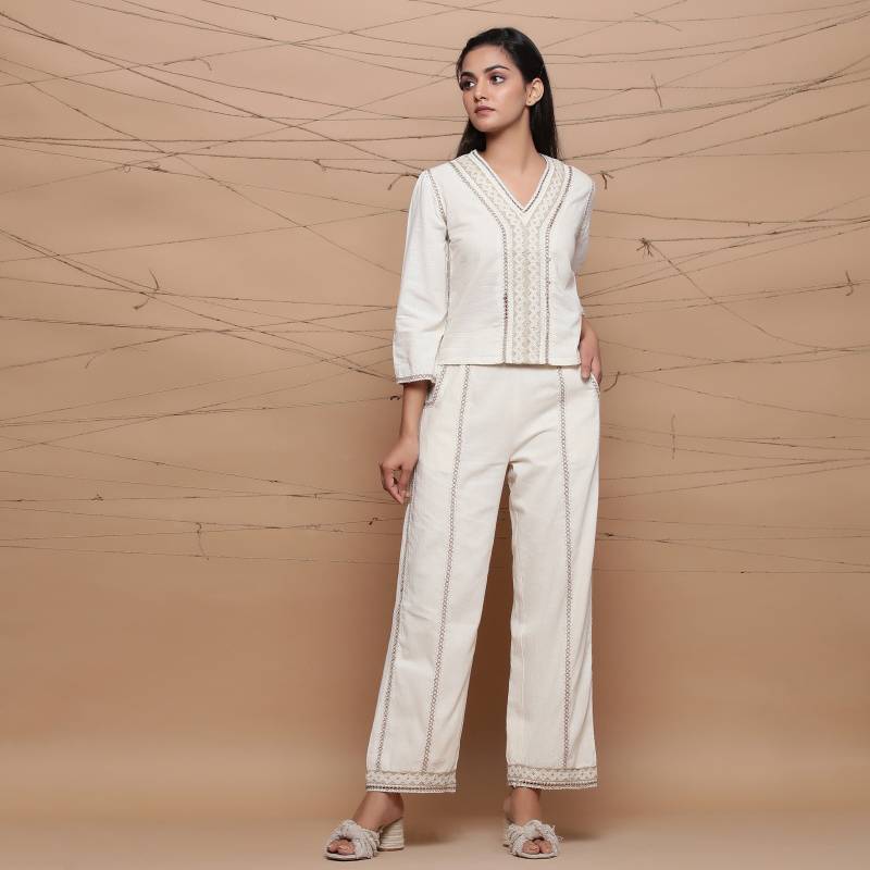 Handgesponnenes Jute-Schnürtop Und Gerades Hose-Set, Baumwoll-Musselin-Festes Co-Ord-Set, Anpassbares Ungefärbtes Top Hose von SeamsFriendlyIndia