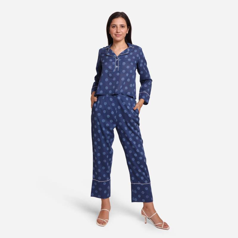 Indigo Polka Dot Block Print Set, Hemd Und Hose, Anpassbares Bequemes Set von SeamsFriendlyIndia